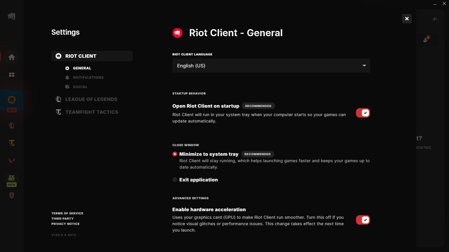 Riot Client settings showing the Riot Client Language dropdown under General settings