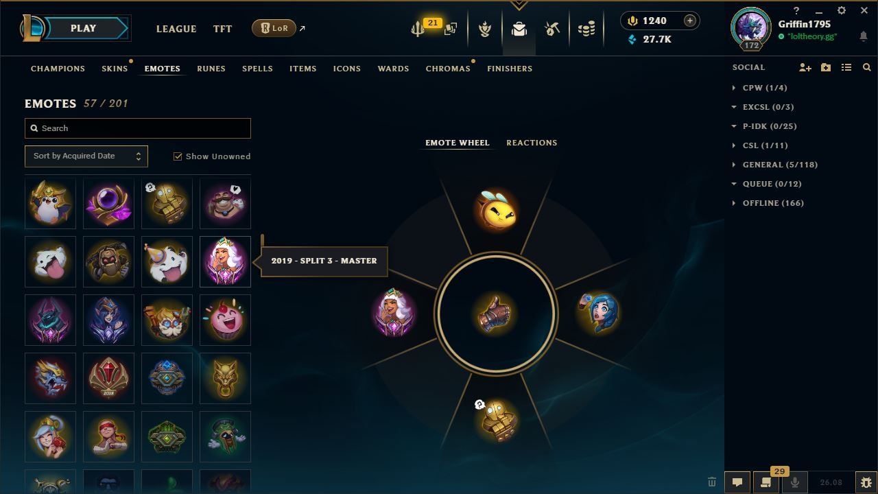 League of Legends Collection > Emotes panel showing the 9-slot emote wheel and inventory
