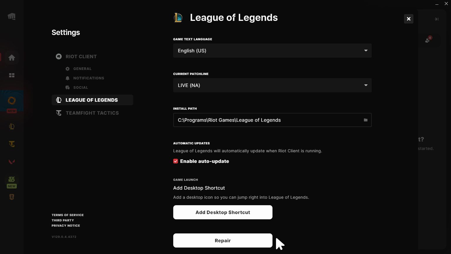 Riot Client settings showing the Repair button under the League of Legends tab