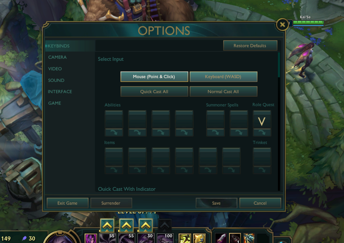 League of Legends Options menu showing the Keyboard (WASD) toggle under Keybinds