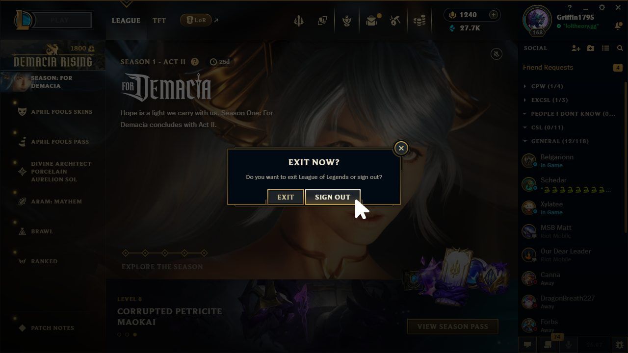 League of Legends Exit Now dialog showing the Sign Out button