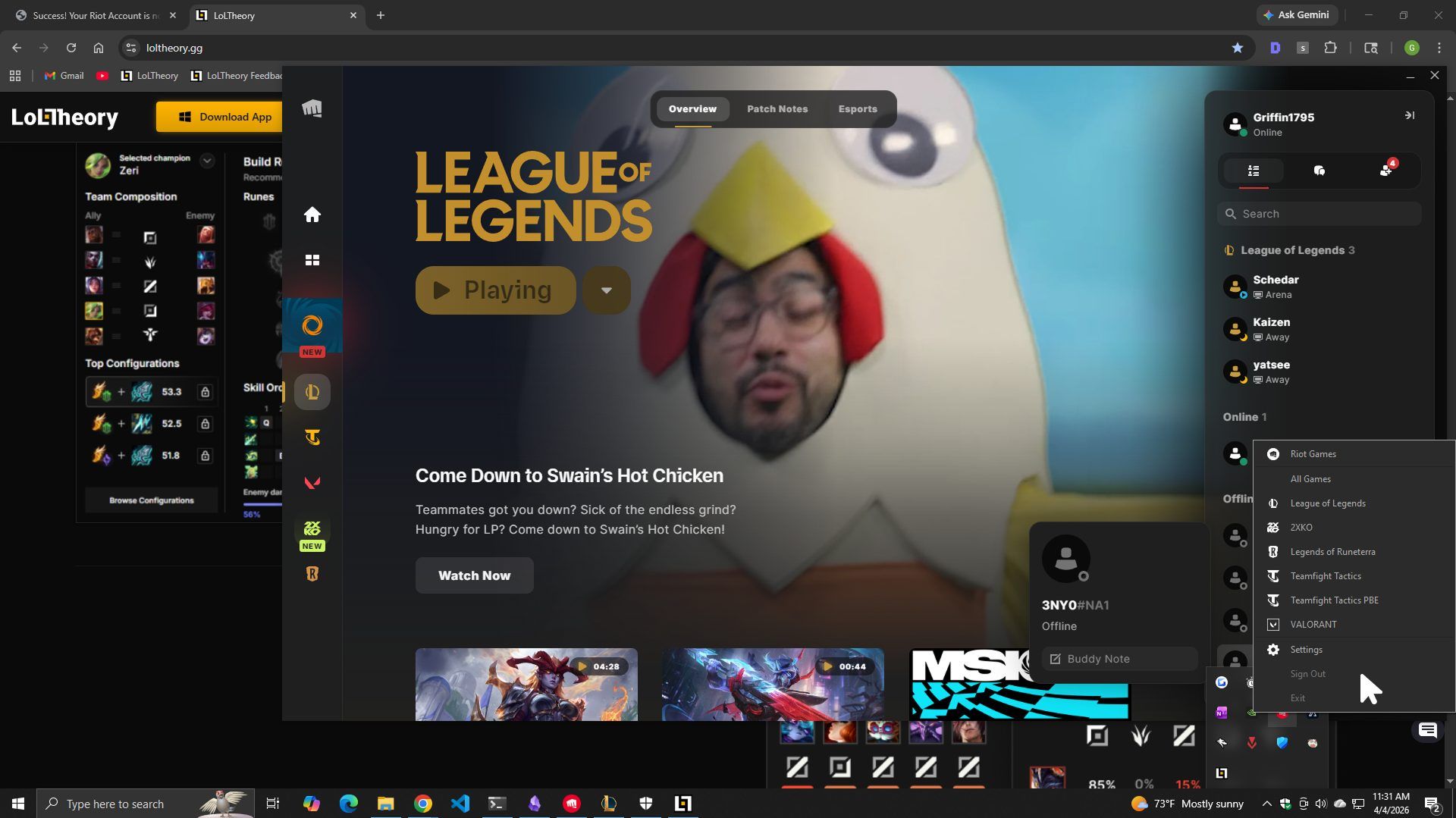 Windows system tray showing Riot Games icon with Exit option to log out
