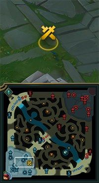 All-In ping shown as a yellow crossed swords icon on the terrain and on the minimap