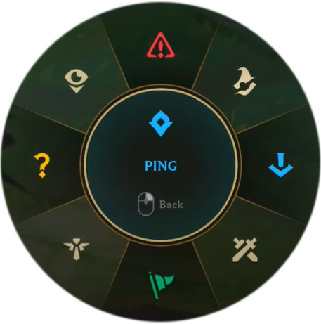 League of Legends 8-direction smart ping wheel showing Retreat, Push, On My Way, All-In, Assist Me, Need Vision, Enemy Missing, and Enemy Vision